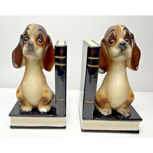 Vtg Basset Hound Bookends Ceramic Pair Set Japan Dogs Puppy Sad Eyes Kitsch MCM